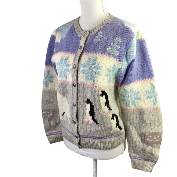 Vtg Hand Knit Skyr Cardigan Sweater Nordic Fair Isle Penguin Polar Bear Reindeer - Picture 3 of 11